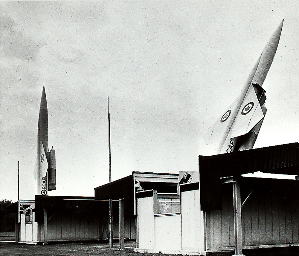 Two CIM-10B BOMARC Missiles pointing skyward from the missile silos at North Bay
